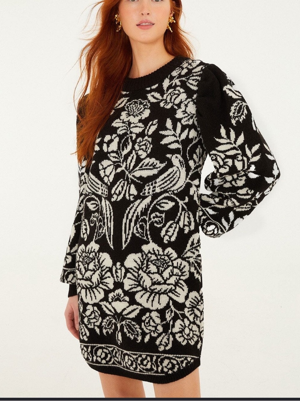 Farm Rio Sweater Dress Women’s Medium Cashew & Birds Floral Chunky Knit L - Picture 3 of 11